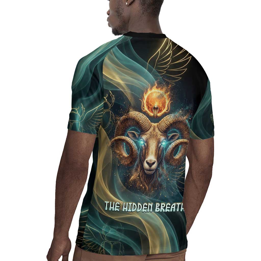 Amun Ancient Egyptian Rugby Jersey with Mystical Smoke Swirl Pattern, Fiery Ram Head, and Hieroglyphic - Wonder Print Shop