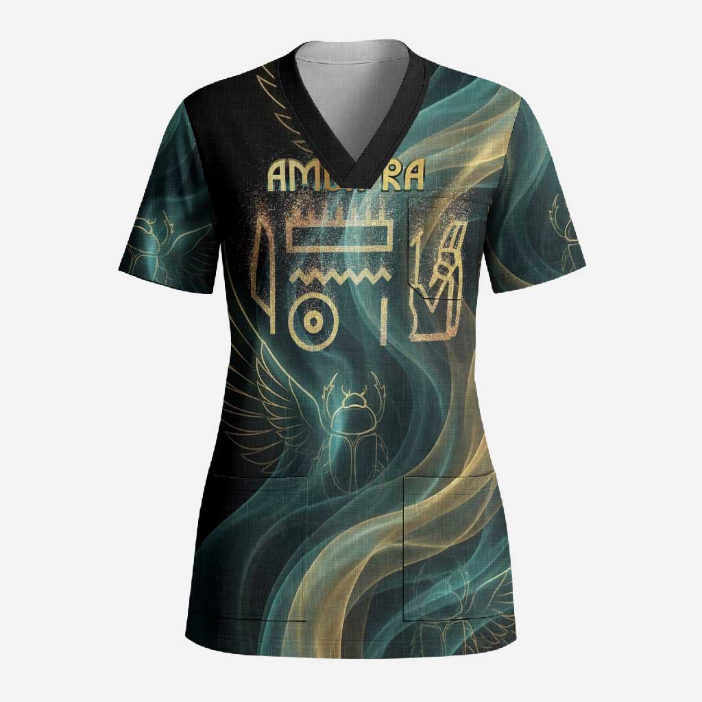 Amun Ancient Egyptian Scrub Top with Mystical Smoke Swirl Pattern, Fiery Ram Head, and Hieroglyphic - Wonder Print Shop