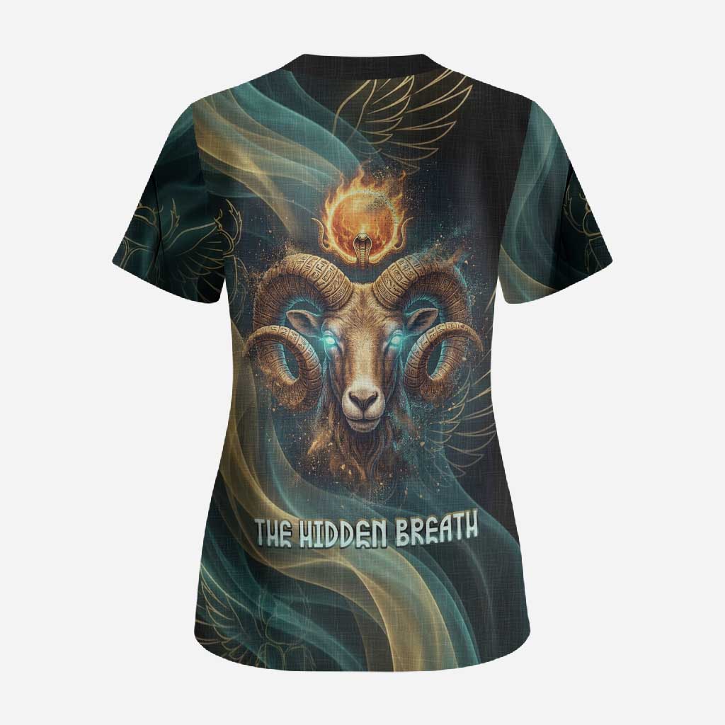Amun Ancient Egyptian Scrub Top with Mystical Smoke Swirl Pattern, Fiery Ram Head, and Hieroglyphic - Wonder Print Shop