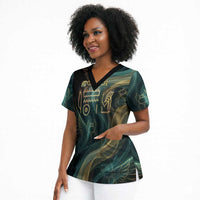 Amun Ancient Egyptian Scrub Top with Mystical Smoke Swirl Pattern, Fiery Ram Head, and Hieroglyphic - Wonder Print Shop