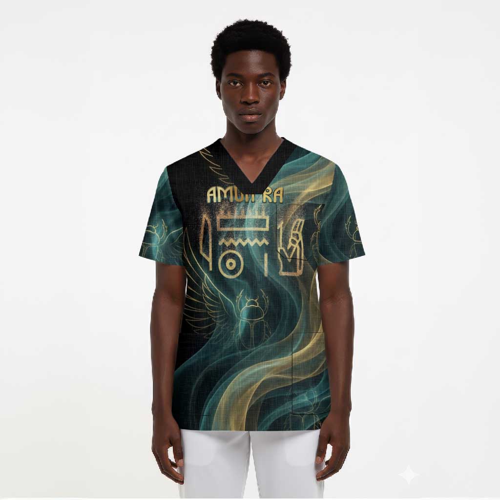 Amun Ancient Egyptian Scrub Top with Mystical Smoke Swirl Pattern, Fiery Ram Head, and Hieroglyphic - Wonder Print Shop