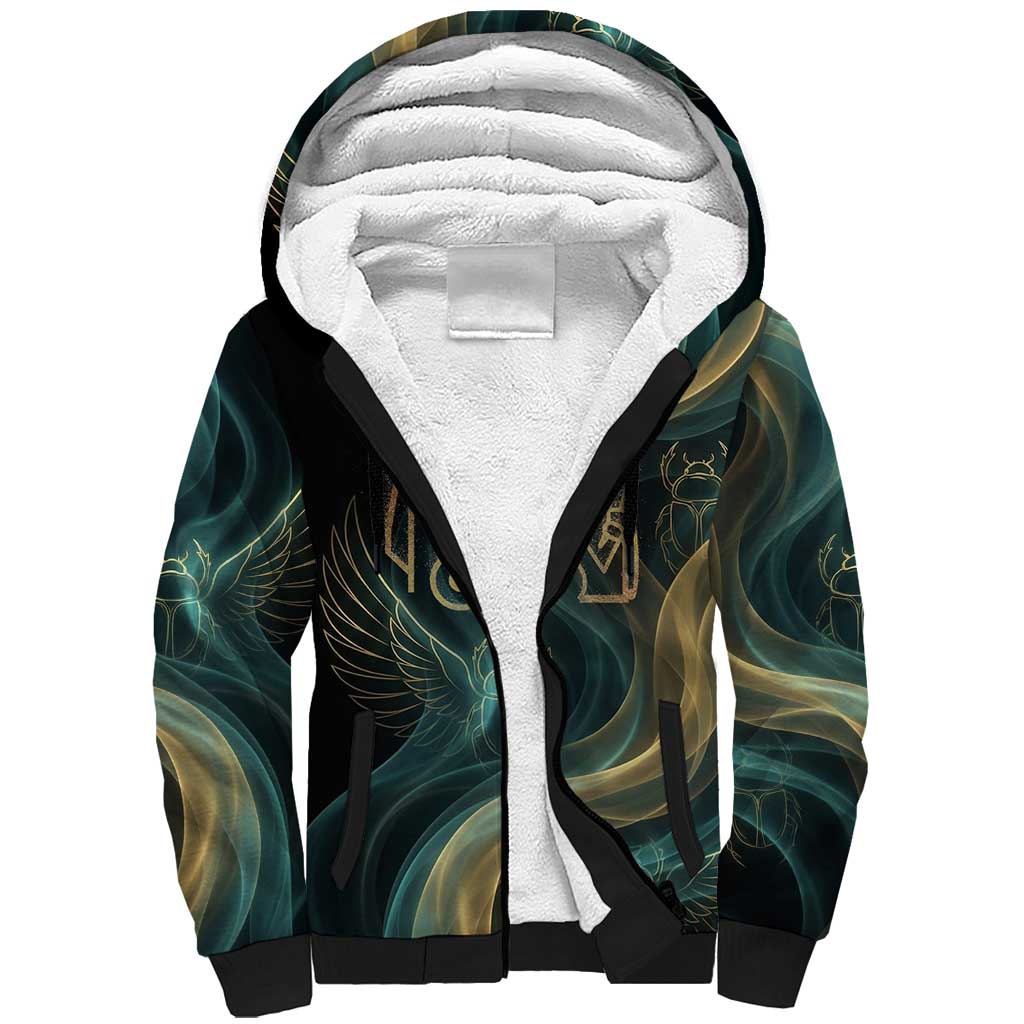 Amun Ancient Egyptian Sherpa Hoodie with Mystical Smoke Swirl Pattern, Fiery Ram Head, and Hieroglyphic - Wonder Print Shop