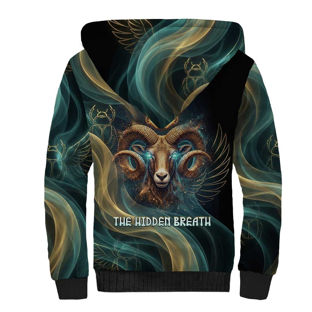 Amun Ancient Egyptian Sherpa Hoodie with Mystical Smoke Swirl Pattern, Fiery Ram Head, and Hieroglyphic - Wonder Print Shop