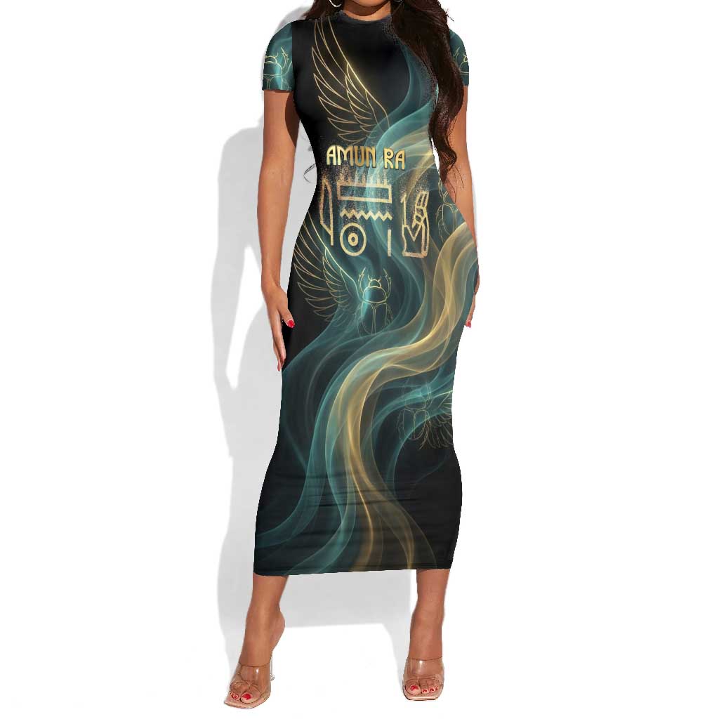 Amun Ancient Egyptian Short Sleeve Bodycon Dress with Mystical Smoke Swirl Pattern, Fiery Ram Head, and Hieroglyphic - Wonder Print Shop