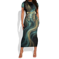 Amun Ancient Egyptian Short Sleeve Bodycon Dress with Mystical Smoke Swirl Pattern, Fiery Ram Head, and Hieroglyphic - Wonder Print Shop