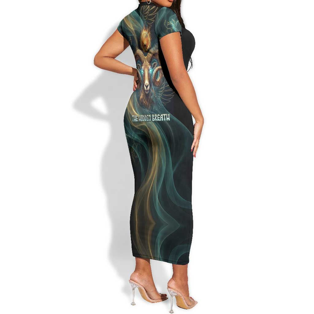 Amun Ancient Egyptian Short Sleeve Bodycon Dress with Mystical Smoke Swirl Pattern, Fiery Ram Head, and Hieroglyphic - Wonder Print Shop