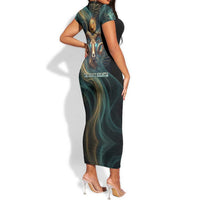 Amun Ancient Egyptian Short Sleeve Bodycon Dress with Mystical Smoke Swirl Pattern, Fiery Ram Head, and Hieroglyphic - Wonder Print Shop