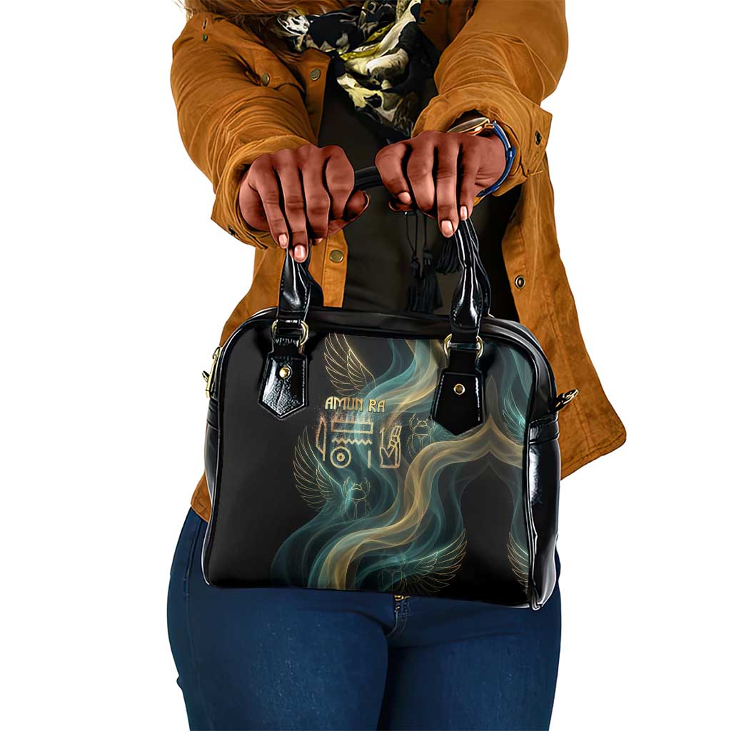 Amun Ancient Egyptian Shoulder Handbag with Mystical Smoke Swirl Pattern, Fiery Ram Head, and Hieroglyphic - Wonder Print Shop