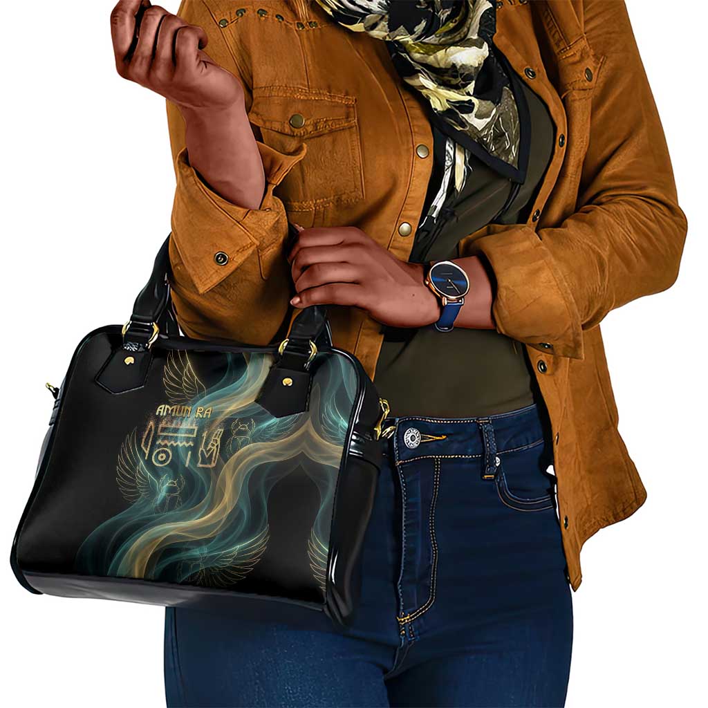 Amun Ancient Egyptian Shoulder Handbag with Mystical Smoke Swirl Pattern, Fiery Ram Head, and Hieroglyphic - Wonder Print Shop