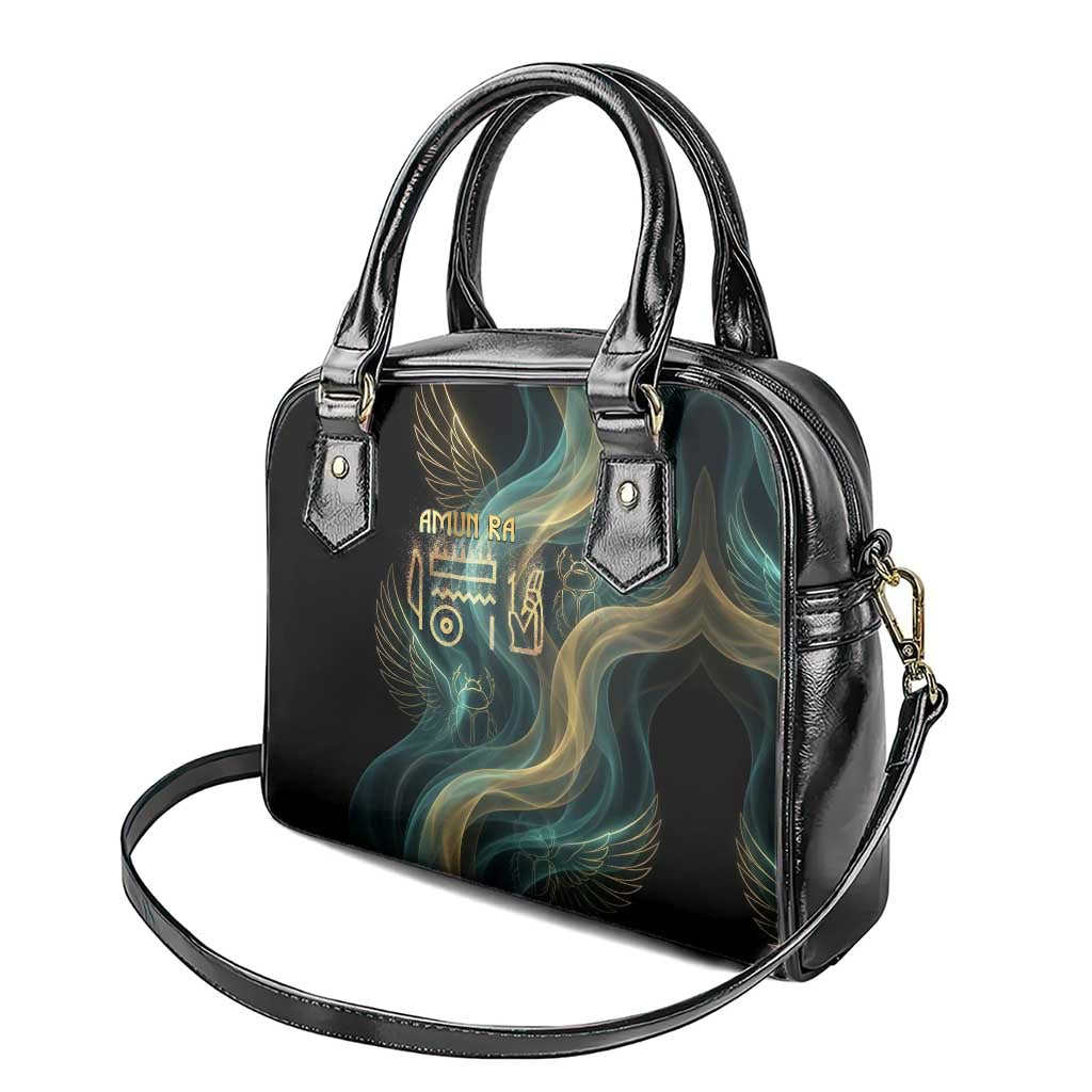 Amun Ancient Egyptian Shoulder Handbag with Mystical Smoke Swirl Pattern, Fiery Ram Head, and Hieroglyphic - Wonder Print Shop