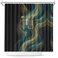 Amun Ancient Egyptian Shower Curtain with Mystical Smoke Swirl Pattern, Fiery Ram Head, and Hieroglyphic - Wonder Print Shop
