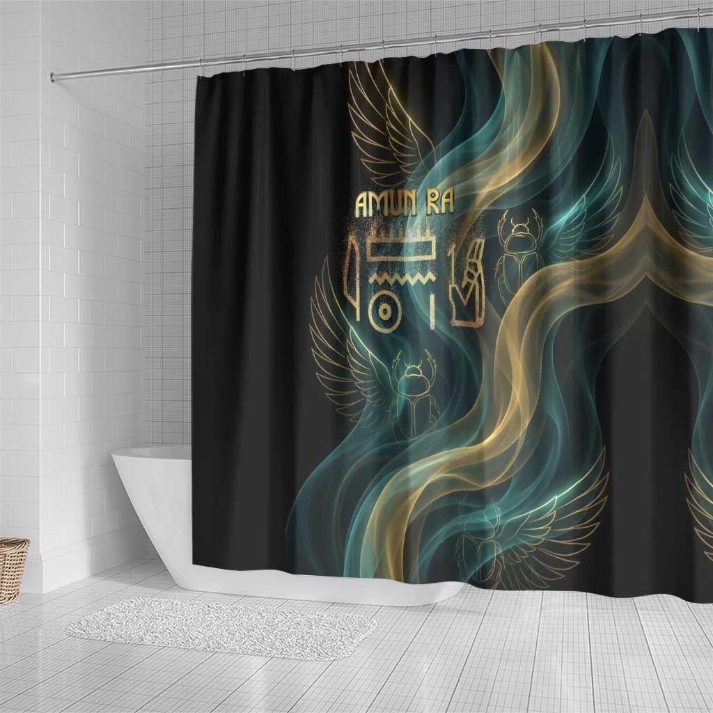 Amun Ancient Egyptian Shower Curtain with Mystical Smoke Swirl Pattern, Fiery Ram Head, and Hieroglyphic - Wonder Print Shop