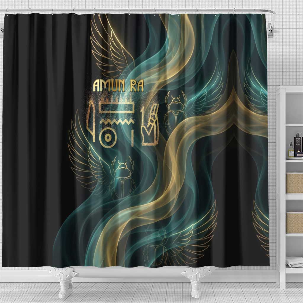 Amun Ancient Egyptian Shower Curtain with Mystical Smoke Swirl Pattern, Fiery Ram Head, and Hieroglyphic - Wonder Print Shop