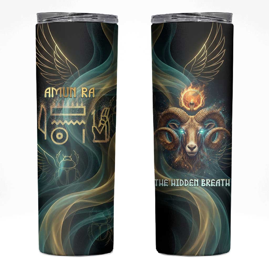 Amun Ancient Egyptian Skinny Tumbler with Mystical Smoke Swirl Pattern, Fiery Ram Head, and Hieroglyphic - Wonder Print Shop
