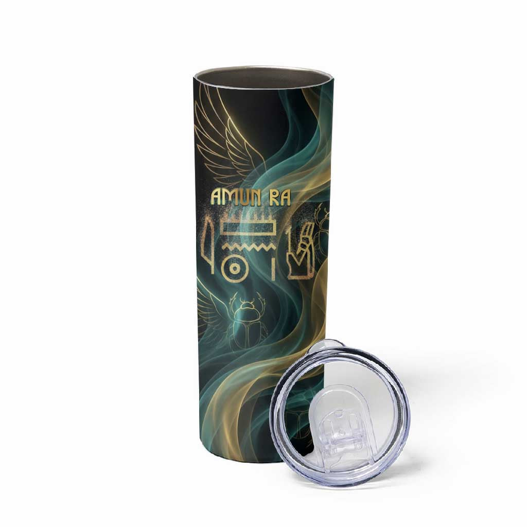 Amun Ancient Egyptian Skinny Tumbler with Mystical Smoke Swirl Pattern, Fiery Ram Head, and Hieroglyphic - Wonder Print Shop