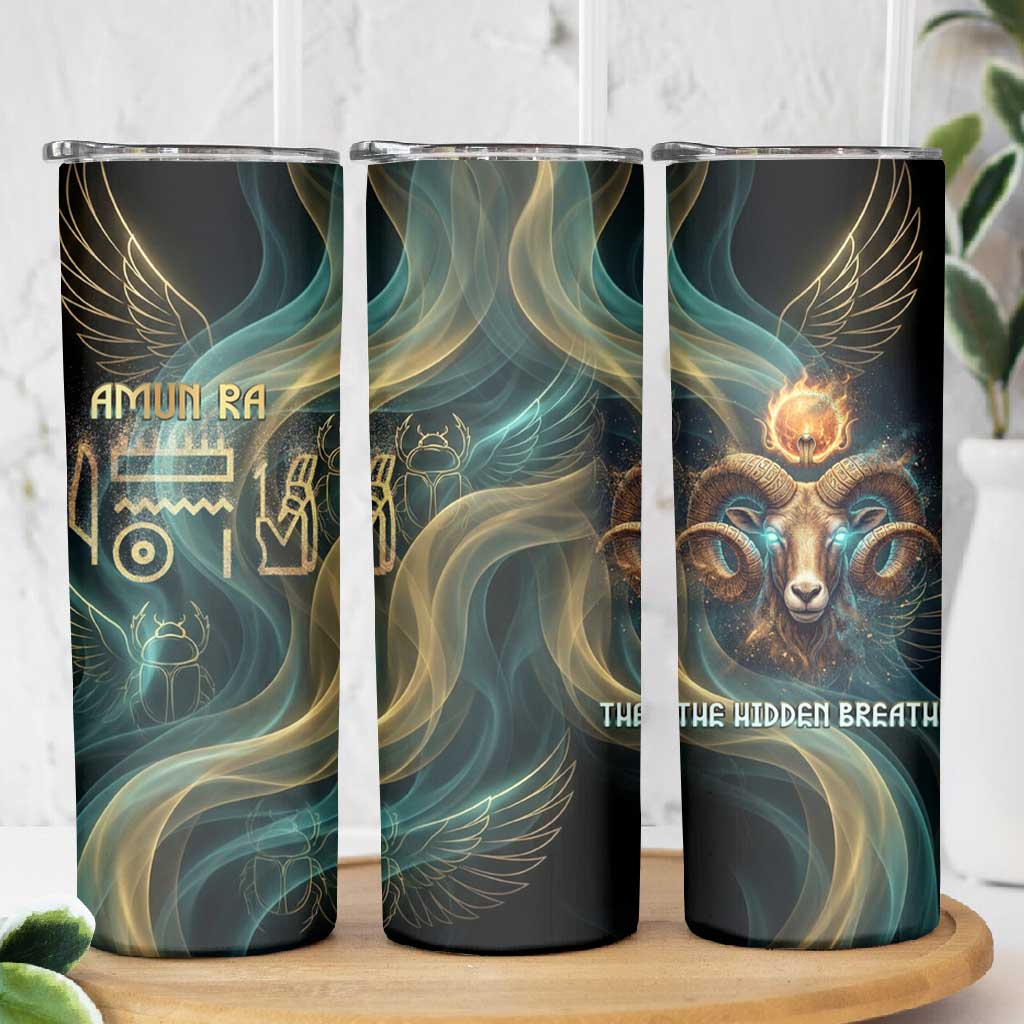 Amun Ancient Egyptian Skinny Tumbler with Mystical Smoke Swirl Pattern, Fiery Ram Head, and Hieroglyphic - Wonder Print Shop