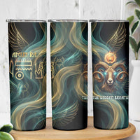 Amun Ancient Egyptian Skinny Tumbler with Mystical Smoke Swirl Pattern, Fiery Ram Head, and Hieroglyphic - Wonder Print Shop