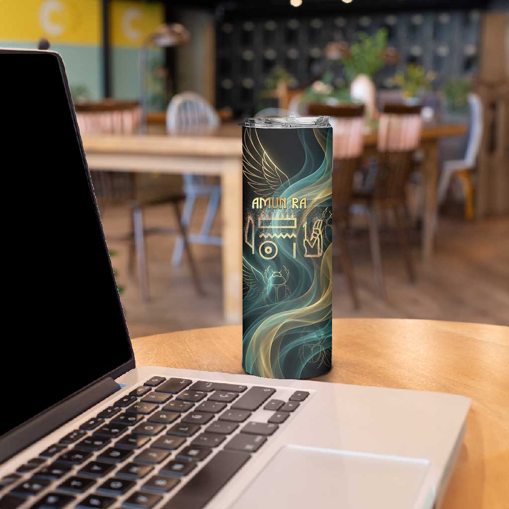 Amun Ancient Egyptian Skinny Tumbler with Mystical Smoke Swirl Pattern, Fiery Ram Head, and Hieroglyphic - Wonder Print Shop