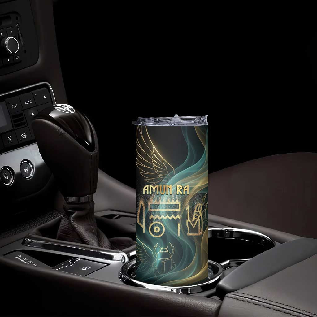 Amun Ancient Egyptian Skinny Tumbler with Mystical Smoke Swirl Pattern, Fiery Ram Head, and Hieroglyphic - Wonder Print Shop