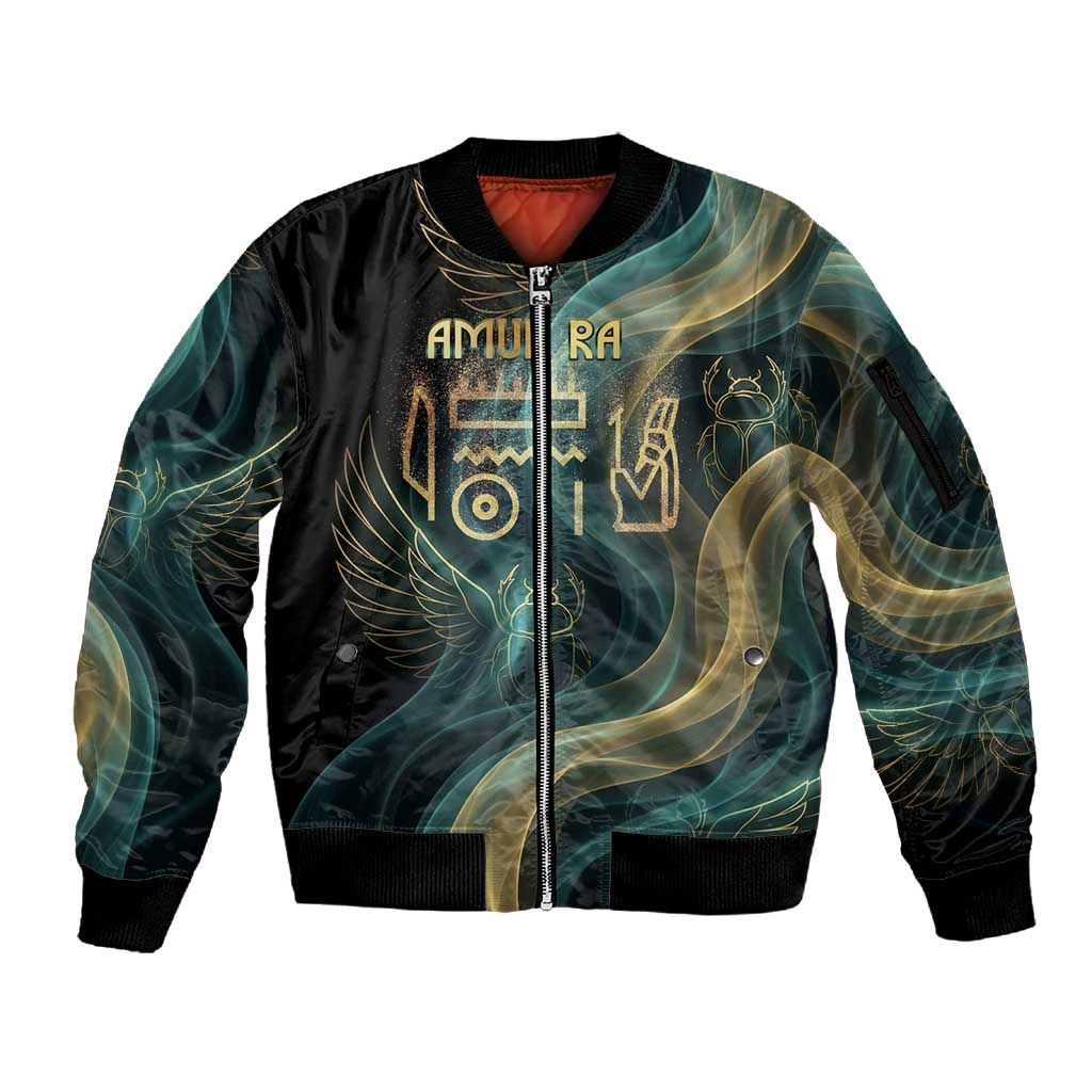 Amun Ancient Egyptian Sleeve Zip Bomber Jacket with Mystical Smoke Swirl Pattern, Fiery Ram Head, and Hieroglyphic - Wonder Print Shop