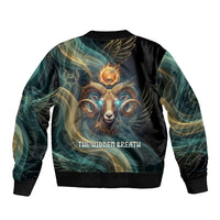 Amun Ancient Egyptian Sleeve Zip Bomber Jacket with Mystical Smoke Swirl Pattern, Fiery Ram Head, and Hieroglyphic - Wonder Print Shop