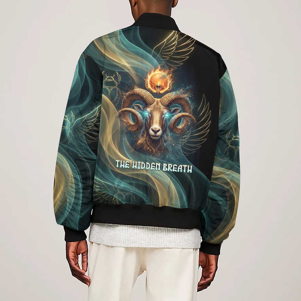 Amun Ancient Egyptian Sleeve Zip Bomber Jacket with Mystical Smoke Swirl Pattern, Fiery Ram Head, and Hieroglyphic - Wonder Print Shop