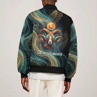 Amun Ancient Egyptian Sleeve Zip Bomber Jacket with Mystical Smoke Swirl Pattern, Fiery Ram Head, and Hieroglyphic - Wonder Print Shop