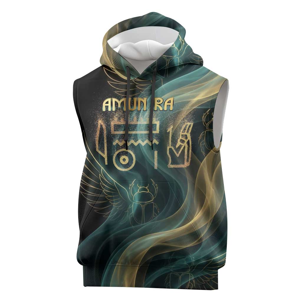 Amun Ancient Egyptian Sleeveless Hoodie with Mystical Smoke Swirl Pattern, Fiery Ram Head, and Hieroglyphic - undefined