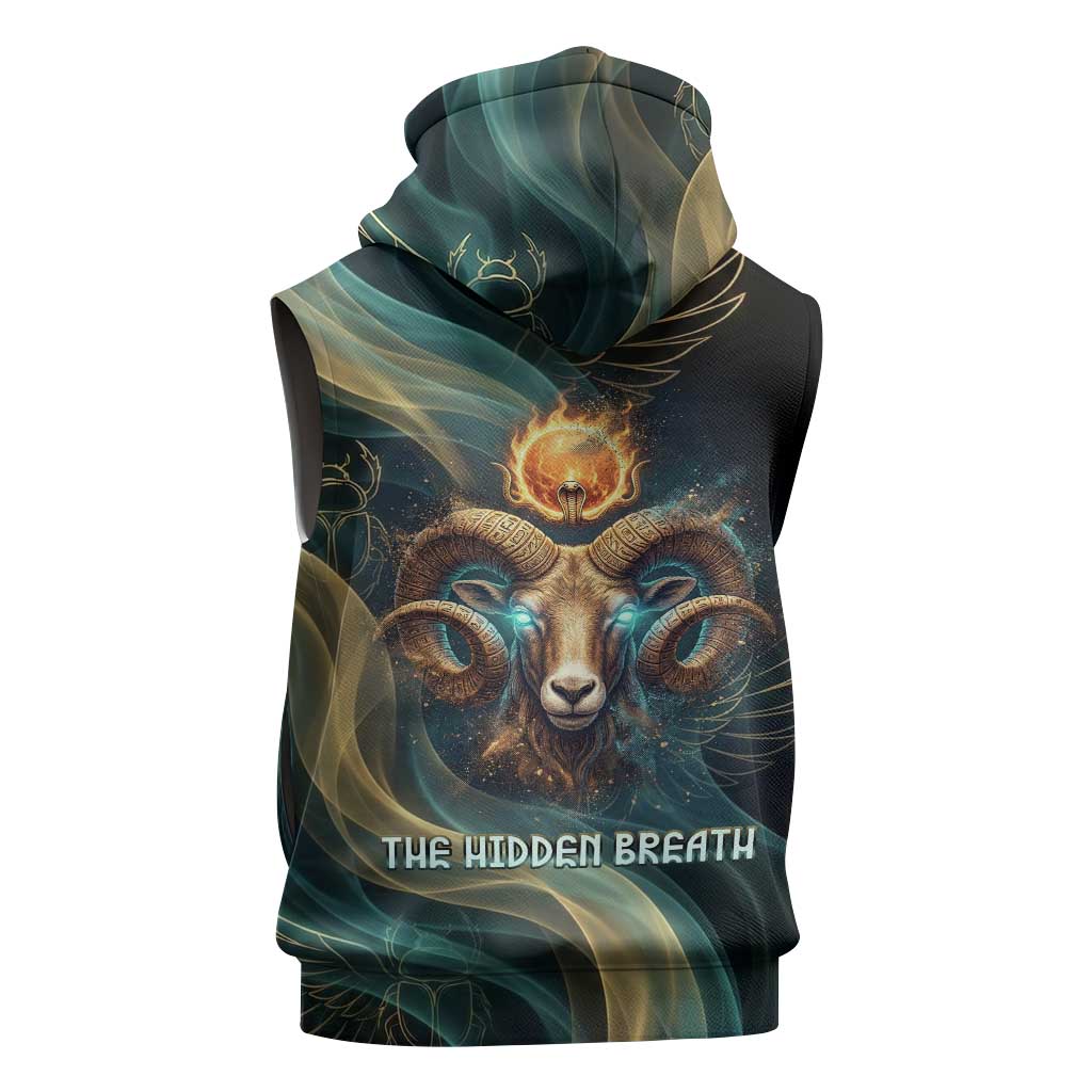 Amun Ancient Egyptian Sleeveless Hoodie with Mystical Smoke Swirl Pattern, Fiery Ram Head, and Hieroglyphic - undefined