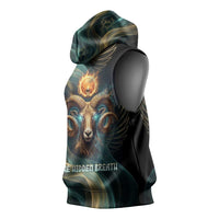 Amun Ancient Egyptian Sleeveless Hoodie with Mystical Smoke Swirl Pattern, Fiery Ram Head, and Hieroglyphic - undefined