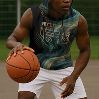 Amun Ancient Egyptian Sleeveless Hoodie with Mystical Smoke Swirl Pattern, Fiery Ram Head, and Hieroglyphic - undefined