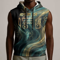 Amun Ancient Egyptian Sleeveless Hoodie with Mystical Smoke Swirl Pattern, Fiery Ram Head, and Hieroglyphic - undefined