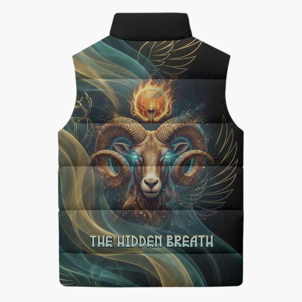 Amun Ancient Egyptian Sleeveless Puffer Jacket with Mystical Smoke Swirl Pattern, Fiery Ram Head, and Hieroglyphic - Wonder Print Shop
