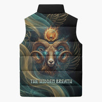 Amun Ancient Egyptian Sleeveless Puffer Jacket with Mystical Smoke Swirl Pattern, Fiery Ram Head, and Hieroglyphic - Wonder Print Shop