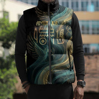 Amun Ancient Egyptian Sleeveless Puffer Jacket with Mystical Smoke Swirl Pattern, Fiery Ram Head, and Hieroglyphic - Wonder Print Shop