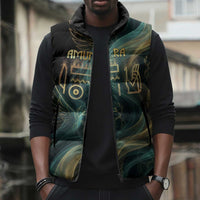 Amun Ancient Egyptian Sleeveless Puffer Jacket with Mystical Smoke Swirl Pattern, Fiery Ram Head, and Hieroglyphic - Wonder Print Shop