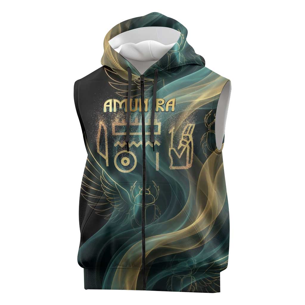 Amun Ancient Egyptian Sleeveless Zip Hoodie with Mystical Smoke Swirl Pattern, Fiery Ram Head, and Hieroglyphic - Wonder Print Shop