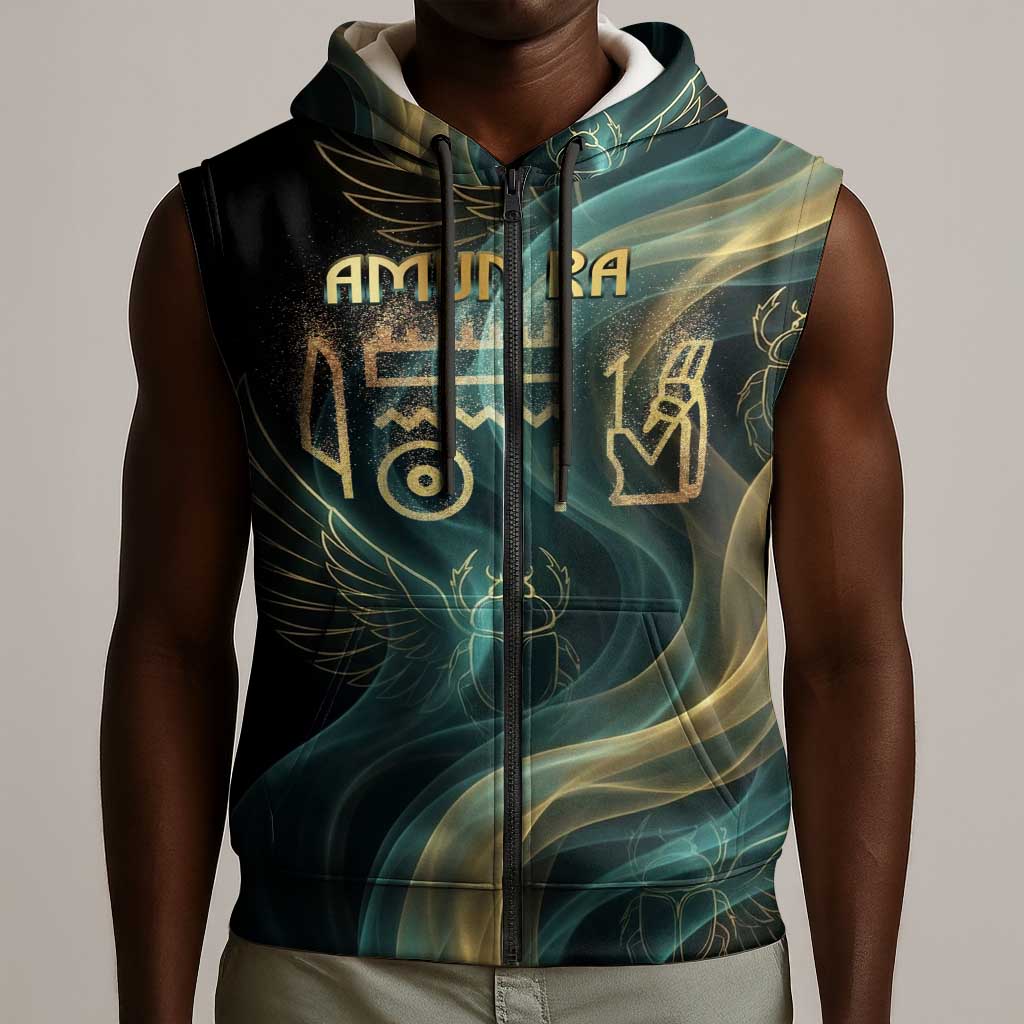Amun Ancient Egyptian Sleeveless Zip Hoodie with Mystical Smoke Swirl Pattern, Fiery Ram Head, and Hieroglyphic - Wonder Print Shop