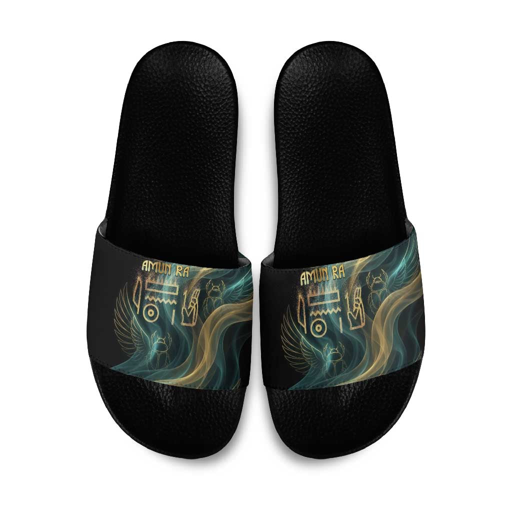 Amun Ancient Egyptian Slide Sandals with Mystical Smoke Swirl Pattern, Fiery Ram Head, and Hieroglyphic - Wonder Print Shop