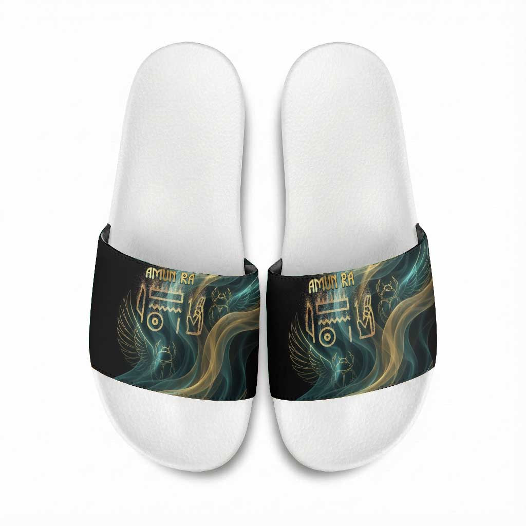 Amun Ancient Egyptian Slide Sandals with Mystical Smoke Swirl Pattern, Fiery Ram Head, and Hieroglyphic - Wonder Print Shop