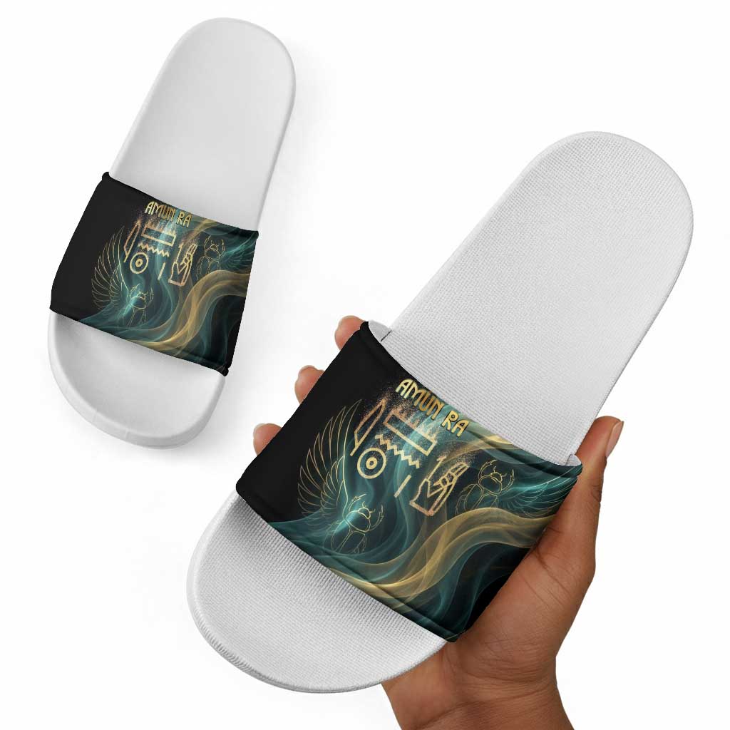 Amun Ancient Egyptian Slide Sandals with Mystical Smoke Swirl Pattern, Fiery Ram Head, and Hieroglyphic - Wonder Print Shop