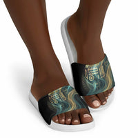 Amun Ancient Egyptian Slide Sandals with Mystical Smoke Swirl Pattern, Fiery Ram Head, and Hieroglyphic - Wonder Print Shop