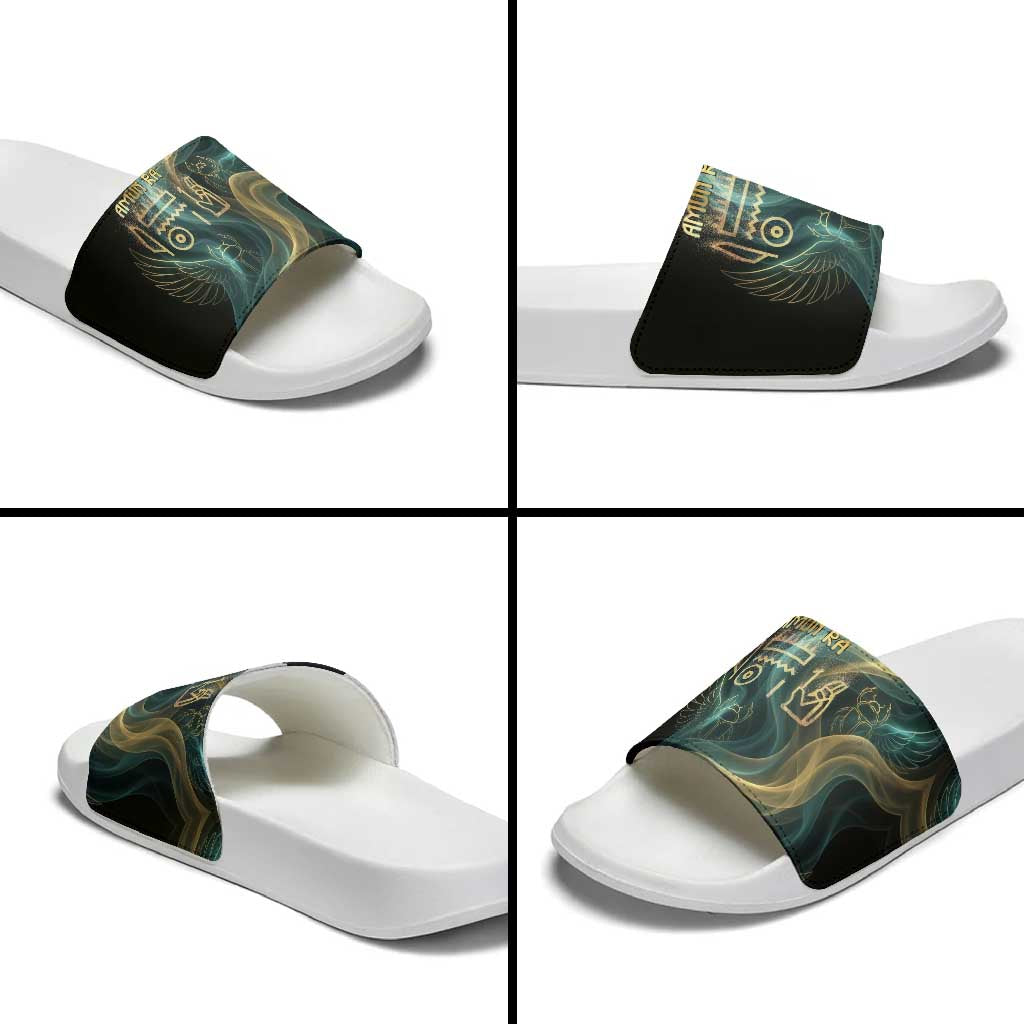 Amun Ancient Egyptian Slide Sandals with Mystical Smoke Swirl Pattern, Fiery Ram Head, and Hieroglyphic - Wonder Print Shop