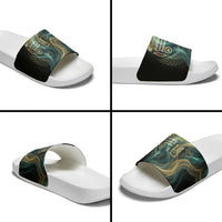 Amun Ancient Egyptian Slide Sandals with Mystical Smoke Swirl Pattern, Fiery Ram Head, and Hieroglyphic - Wonder Print Shop