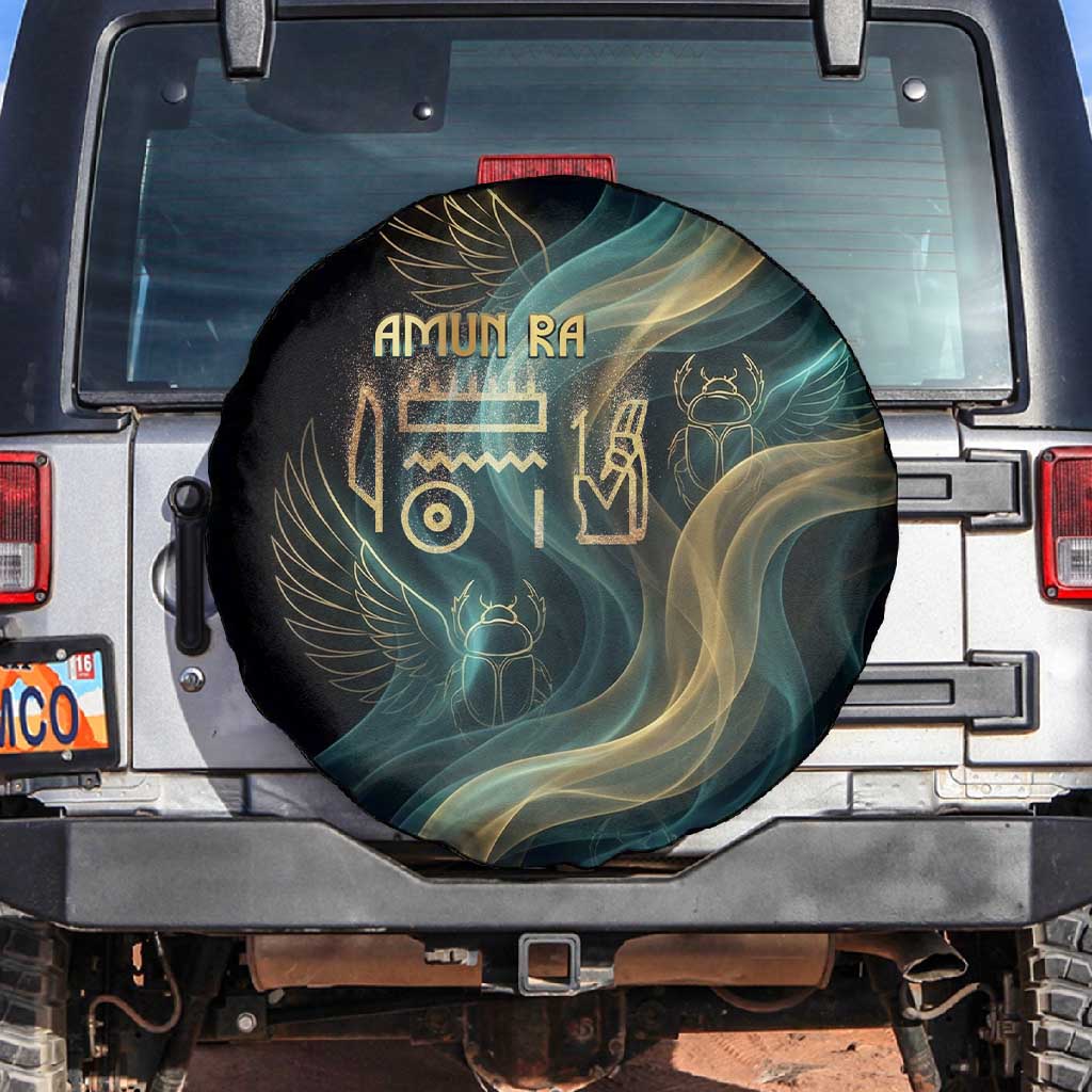 Amun Ancient Egyptian Spare Tire Cover with Mystical Smoke Swirl Pattern, Fiery Ram Head, and Hieroglyphic - Wonder Print Shop
