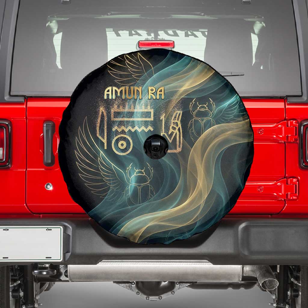 Amun Ancient Egyptian Spare Tire Cover with Mystical Smoke Swirl Pattern, Fiery Ram Head, and Hieroglyphic - Wonder Print Shop