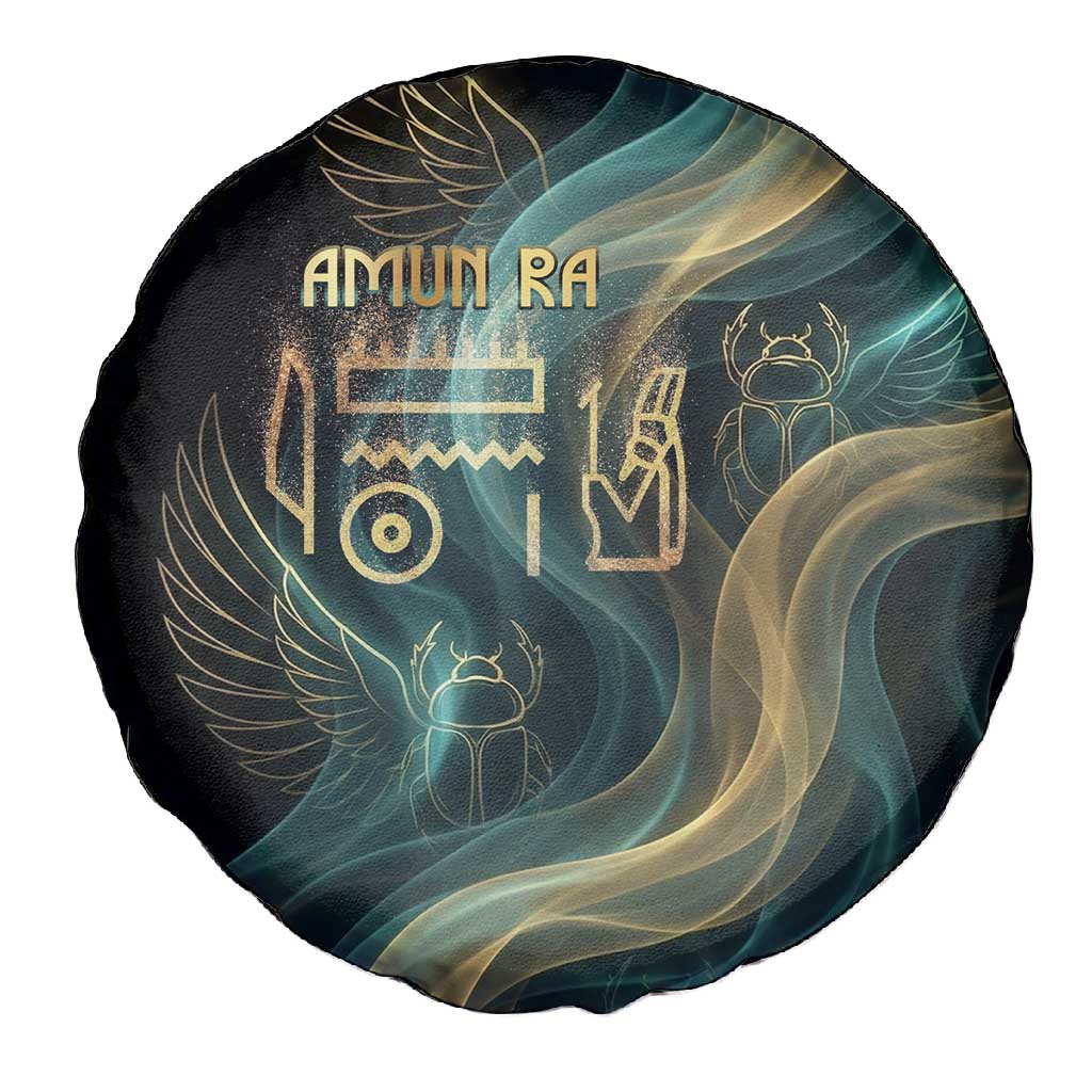 Amun Ancient Egyptian Spare Tire Cover with Mystical Smoke Swirl Pattern, Fiery Ram Head, and Hieroglyphic - Wonder Print Shop
