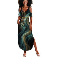 Amun Ancient Egyptian Summer Maxi Dress with Mystical Smoke Swirl Pattern, Fiery Ram Head, and Hieroglyphic - Wonder Print Shop