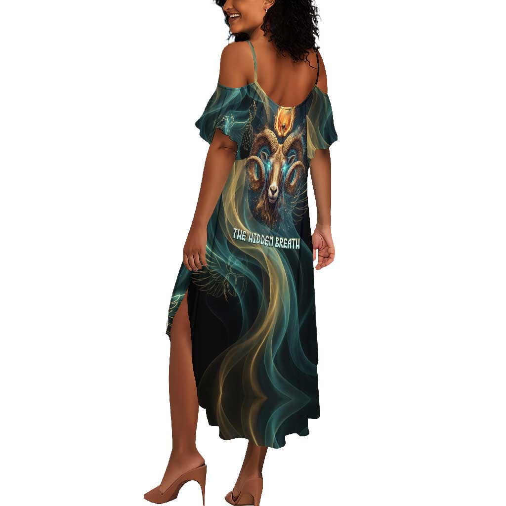 Amun Ancient Egyptian Summer Maxi Dress with Mystical Smoke Swirl Pattern, Fiery Ram Head, and Hieroglyphic - Wonder Print Shop