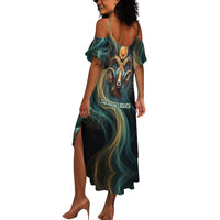 Amun Ancient Egyptian Summer Maxi Dress with Mystical Smoke Swirl Pattern, Fiery Ram Head, and Hieroglyphic - Wonder Print Shop